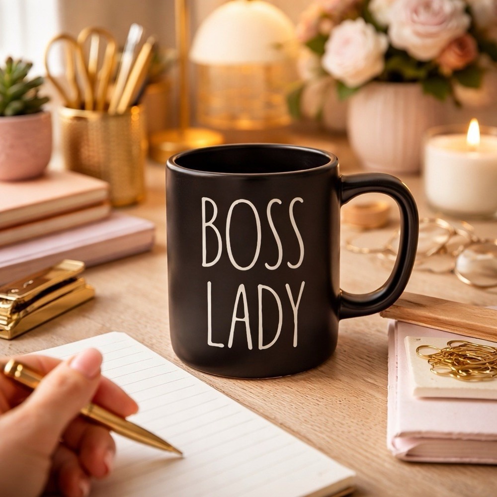 Rae‎ Dunn Artisan Collection by Magenta Boss Lady-Coffee Mug Black/White Letters